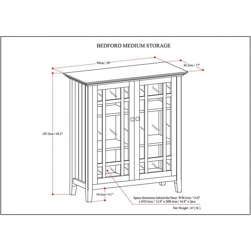 SIMPLIHOME Bedford-armario de almacenamiento medio de transición de madera maciza de 39 pulgadas de ancho, rústico, Natural, Marrón envejecido, 2 vidrio templado Do