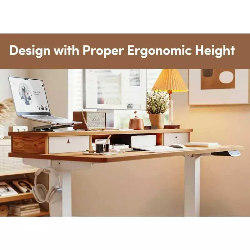 55x24 Zoll elektrischer vertikaler Schreibtisch mit zwei Schubladen, höhen verstellbarer Schreibtisch, Lager regal, hellbrauner Desktop