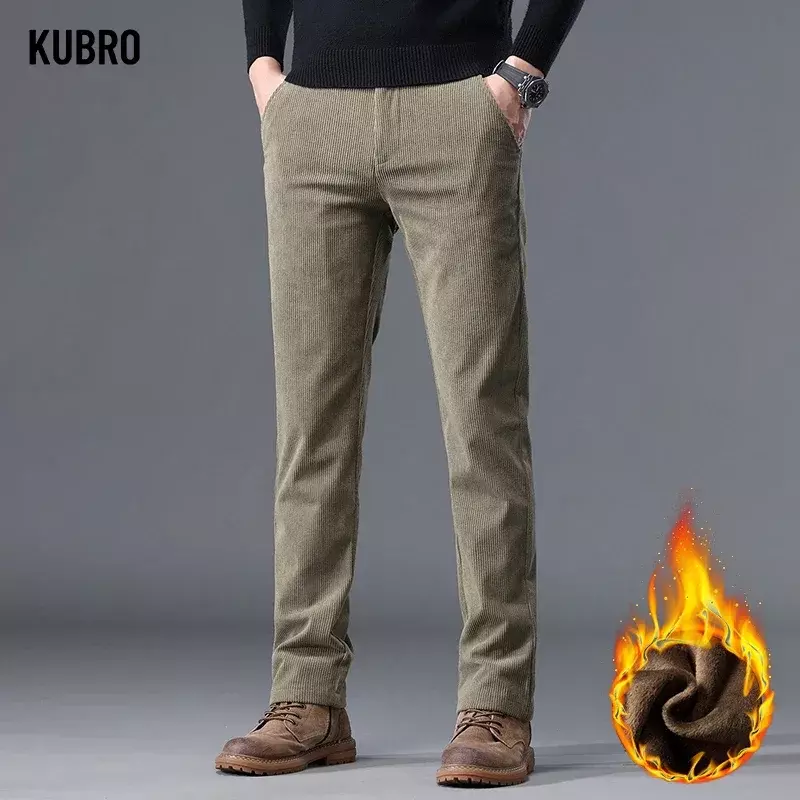 KUBRO Winter High Quality Smart Trousers Thickened Fleece Business Casual Pants Cotton Soft Warm Slim Small Straight Pant Male