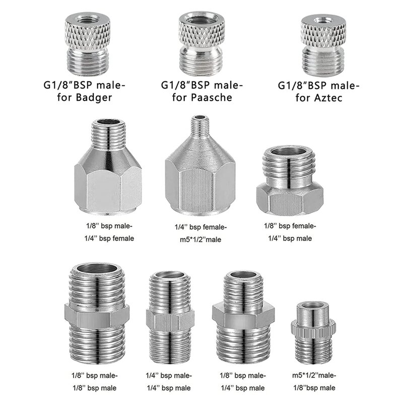 10Piece Multi-Size Adapter Set Air Brush Fitting Connector Kit Accessories Silver Metal For Air Compressor