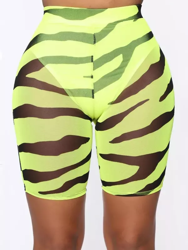 2024 New Fashion Neon Color Women's Mesh Zebra Print Shorts Ladies Sexy Clubwear Sheer Mesh See Through High Waist Shorts MYQH07