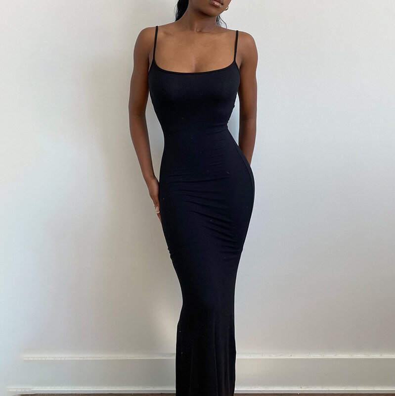 2024 Letnie sukienki dla kobiet Sexy Spaghetti Strap Black Long Dress Y2k Sleeveless Solid Skinny Bodycon Trumpet Maxi Vestidos