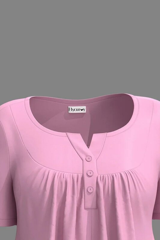플러스 사이즈 여성용 반팔 티셔츠, 단색 캐주얼 플리츠 장식 단추, 라운드넥 상의, 여성 루즈 티셔츠, 여름