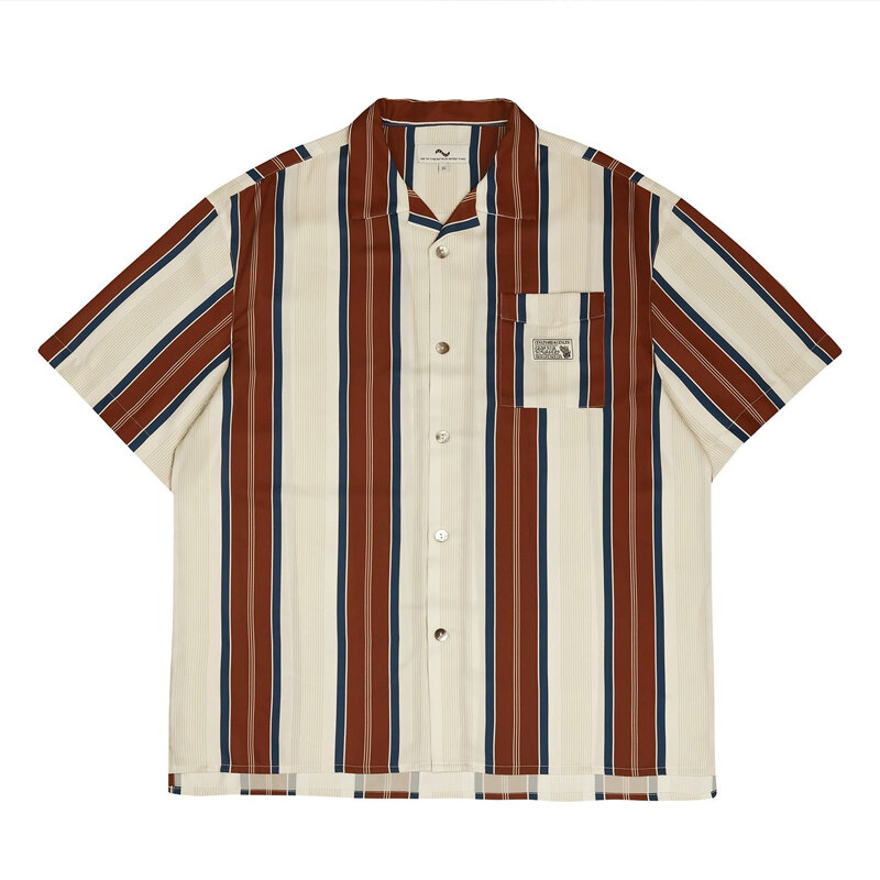 Summer New Turn-down Collar Fashion Short Sleeve Shirt Man High Street Casual Button Cardigan Striped Pockets Patchwork Tops