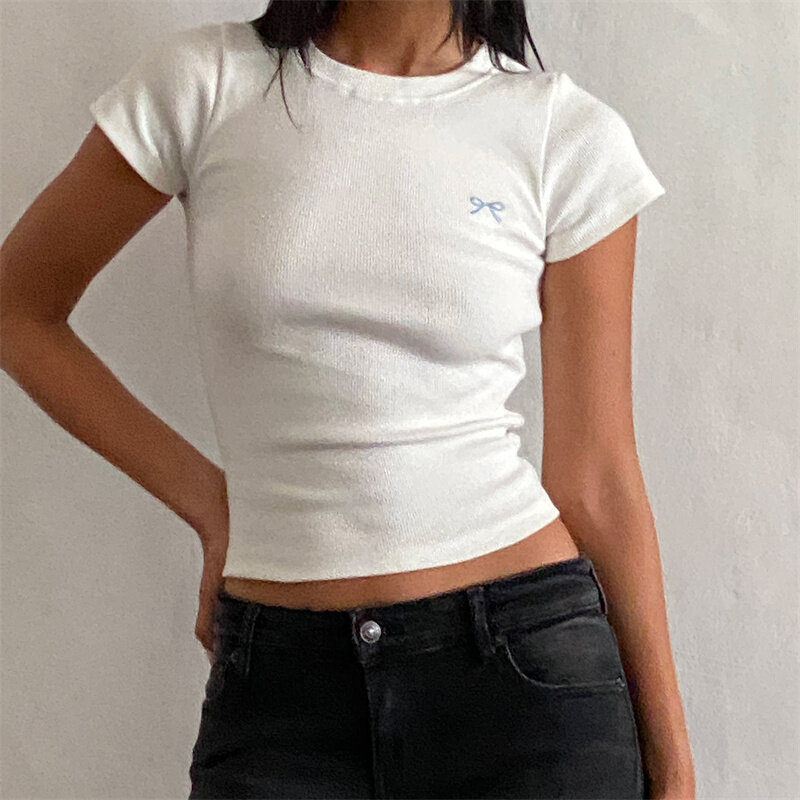 Kaus wanita lengan pendek, atasan Crop lengan pendek, Kaus wanita ramping, Harajuku, cetakan grafis pita Vintage, musim panas, 2000s