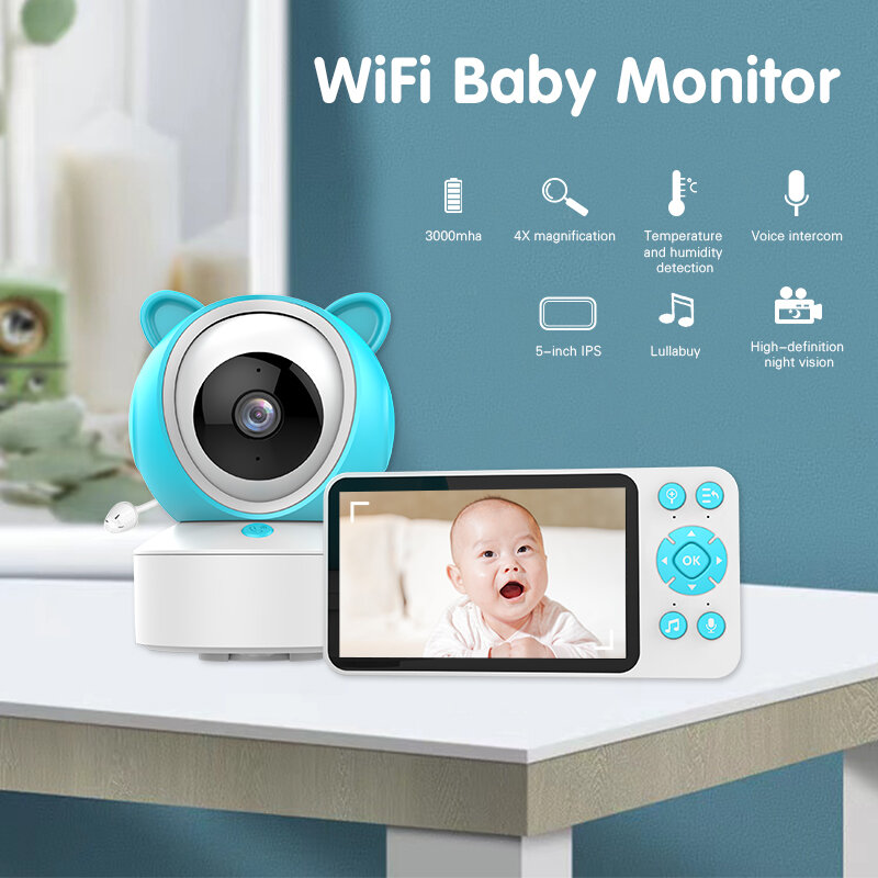 5 "Tuya Smart WiFi recordatorio de alimentación temperatura movimiento detección de sonido APP Ver Control Audio Video bebé monitores cámara 1080P