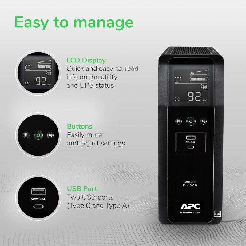 Apc Ups 1000va Sinus Batterij Back-Up En Overspanningsbeveiliging, Br1000ms Voeding Met Avr, (2) Usb-Oplader