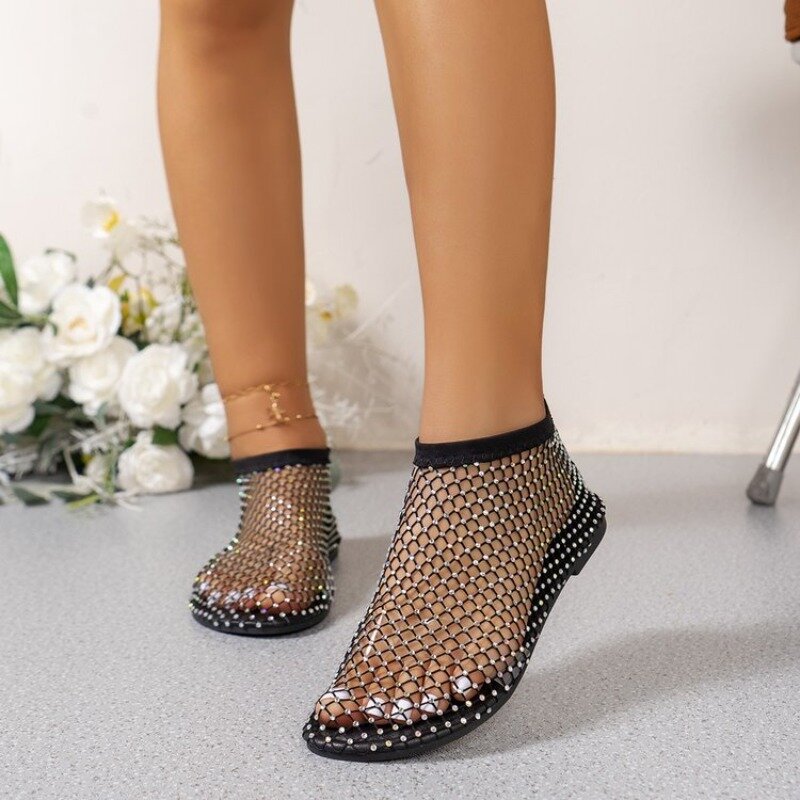 Sandálias de fundo plano de luxo redondo para mulheres, strass de água curto oco, sapatos sensuais, verão, novo, 2022