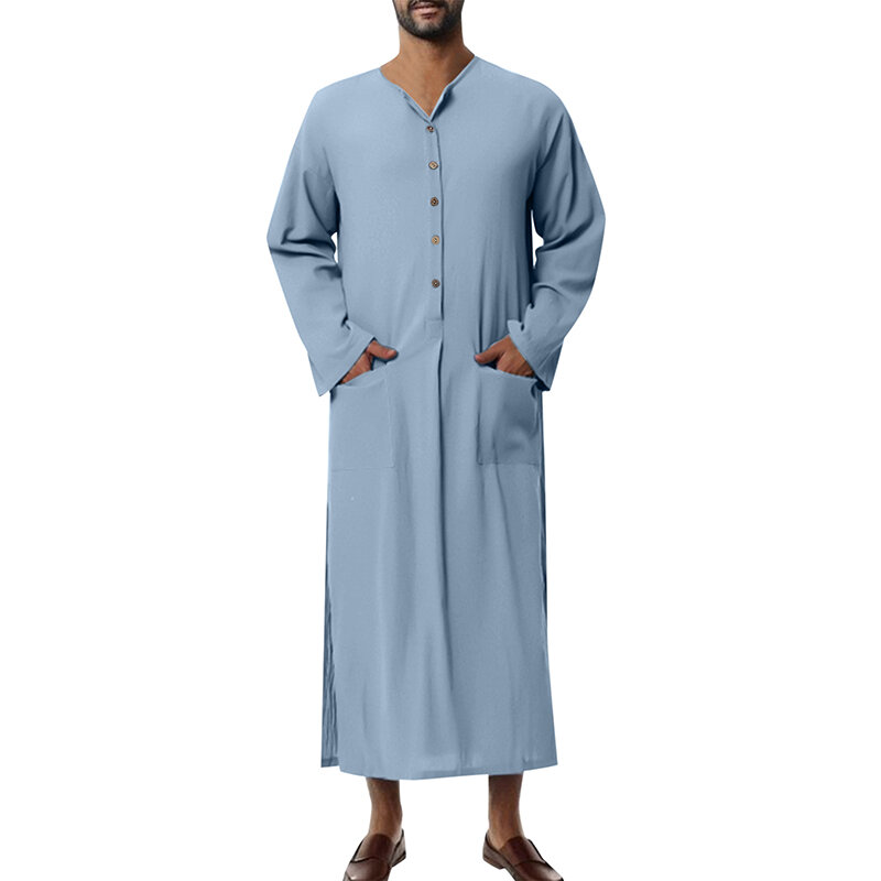 Jubah pria Kaftan lengan panjang kancing penutup warna Solid celah ringan Thobe pakaian Arab Streetwear pakaian rumah