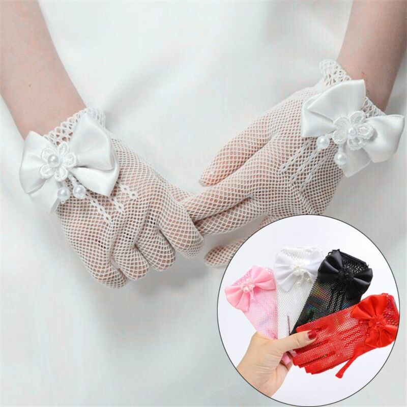Детские Свадебные перчатки с бантом, тонкие короткие рукавицы для платья, кружевные сетчатые перчатки, праздничные женские перчатки принцессы на день рождения