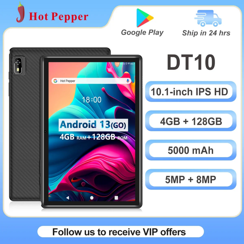 Tablet Hot Pepper DT10, 10.1 inci IPS HD 2.5D 4GB RAM + 128GB ROM IMG8300 prosesor 5000mAh dengan WiFi Android 13 tipe-c