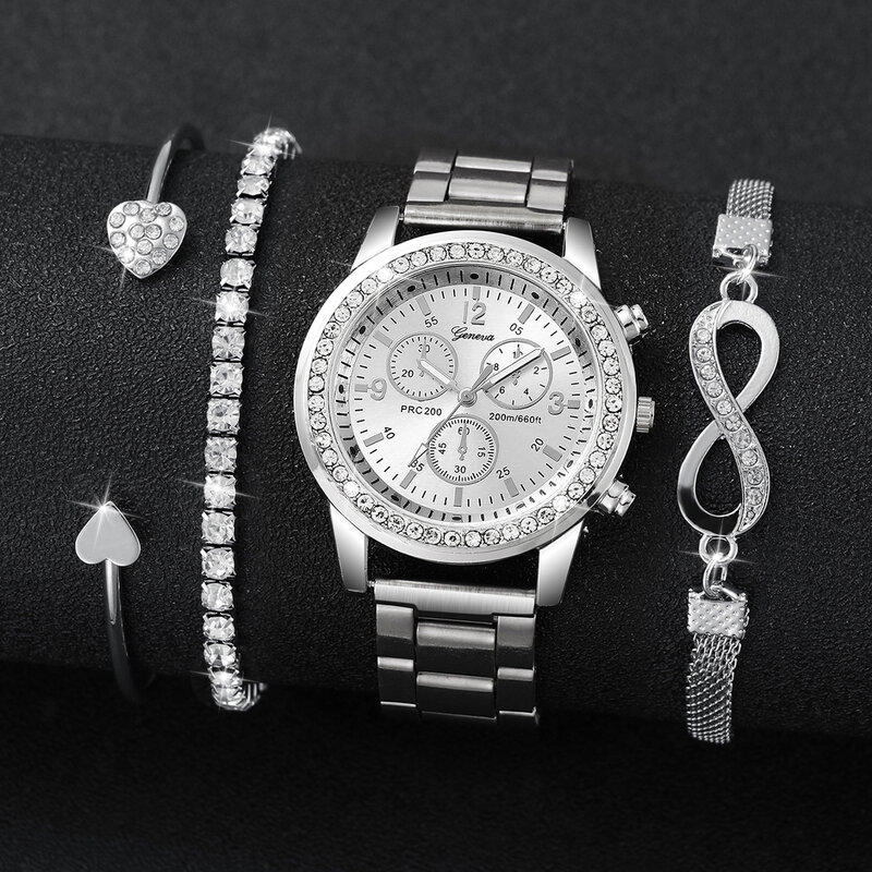 Aço inoxidável quartzo relógio e prata contas jóias conjunto para mulheres, cor prata, moda