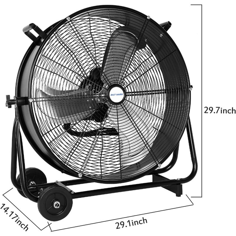 Ventilador de tambor de alta velocidad para garaje, fábrica y sótano, ventilador de tienda negro de Metal resistente de 3 velocidades, 24 ", 8100 CFM