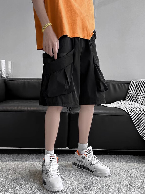 Cargo Shorts Men Fashion Solid High Street Summer Knee-length All-match Pockets Japanese Style Teenagers Black Loose Handsome