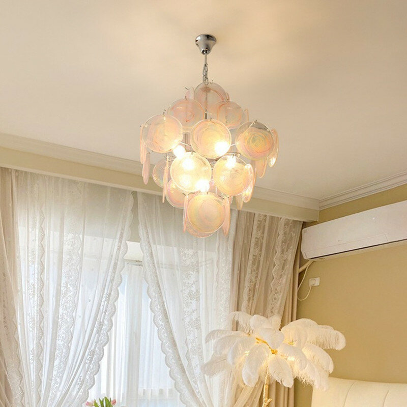 مصباح متدلي إيطالي فاخر عتيق لغرفة النوم ، إضاءة زجاجية وردية ، غرفة مصمم ، على الطراز الفرنسي ، غرفة معيشة القرون الوسطى