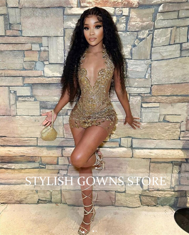 Sparkly Gold Sheer O Neck Short Prom Dress For Black Girl Beaded Crystal Diamond Birthday Party Dresses Mini Cocktail Homecoming