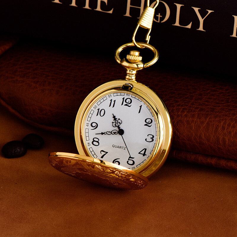 Reloj de bolsillo de cuarzo tallado en oro Vintage para hombre, caja dorada grabada, reloj de cadena Fob para colección, relojes de collar