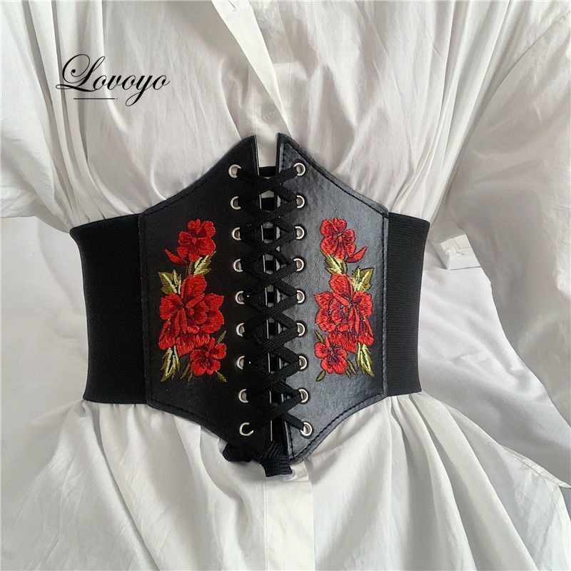 Women's Corset Belt Gothic Fashion PU Flower Embroidery Cummerbunds Female Slimming Waist Band Vintage Black Wide Belt for Girl