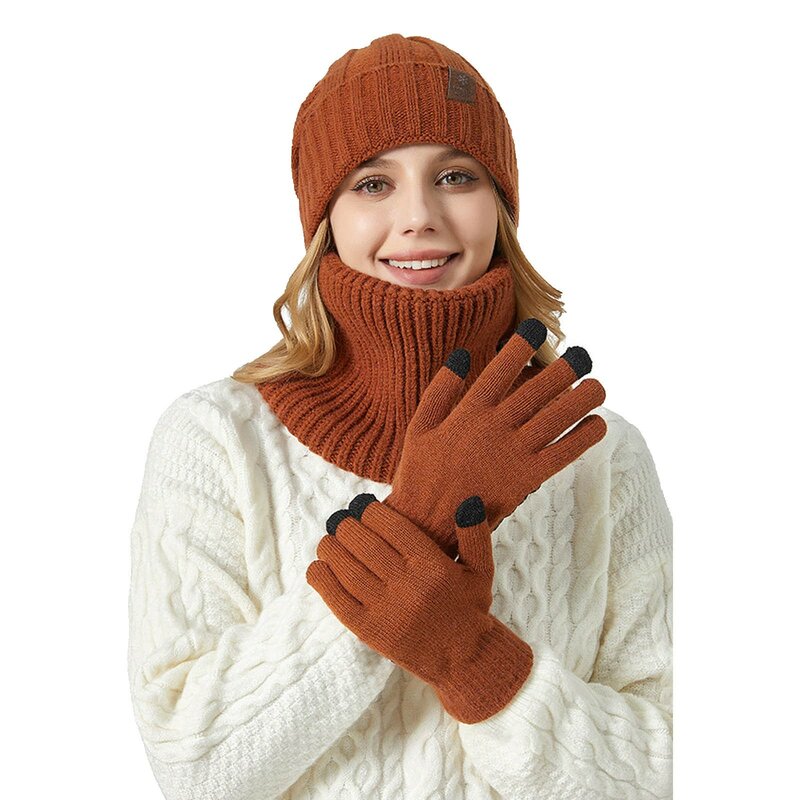 Topi rajut hangat wanita, syal dan sarung tangan tiga potong Set, topi rajut hangat tebal polos musim dingin untuk pria dan wanita 2024