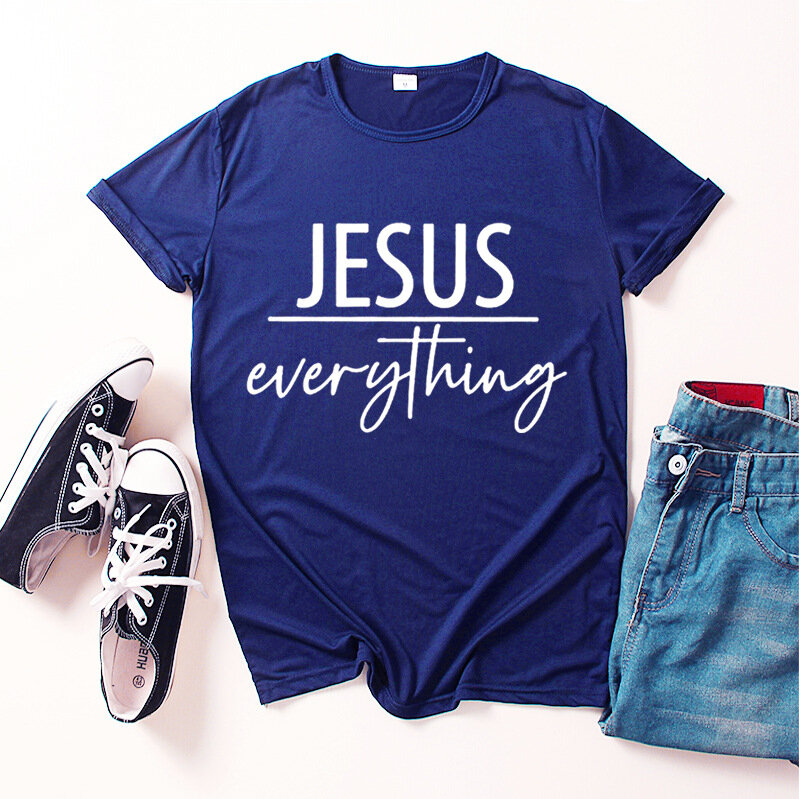 Camiseta con estampado de Jesús todo para Mujer, blusa holgada de manga corta con cuello redondo, ropa para Mujer