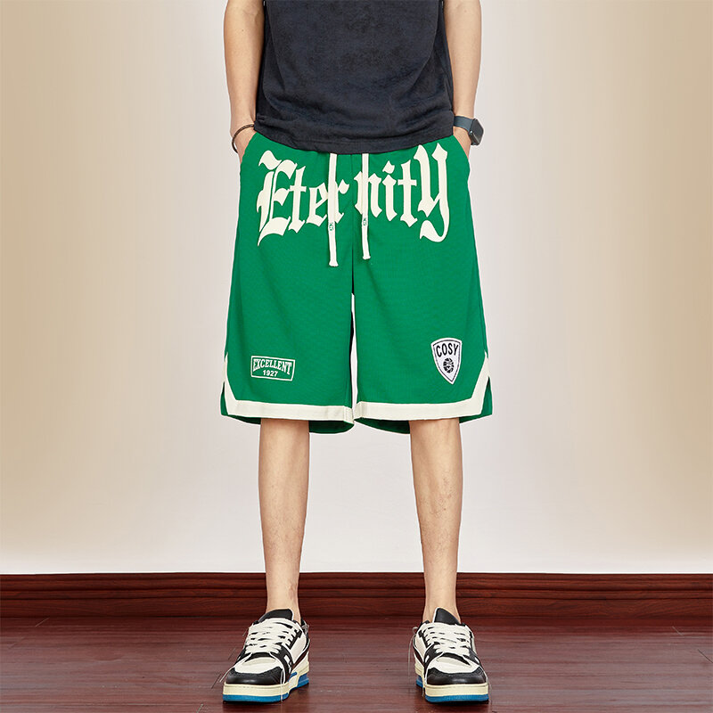 Celana pendek motif huruf, y2k kasual Mode Korea celana olahraga longgar Gym basket celana pendek Streetwear Bermuda untuk pria musim panas