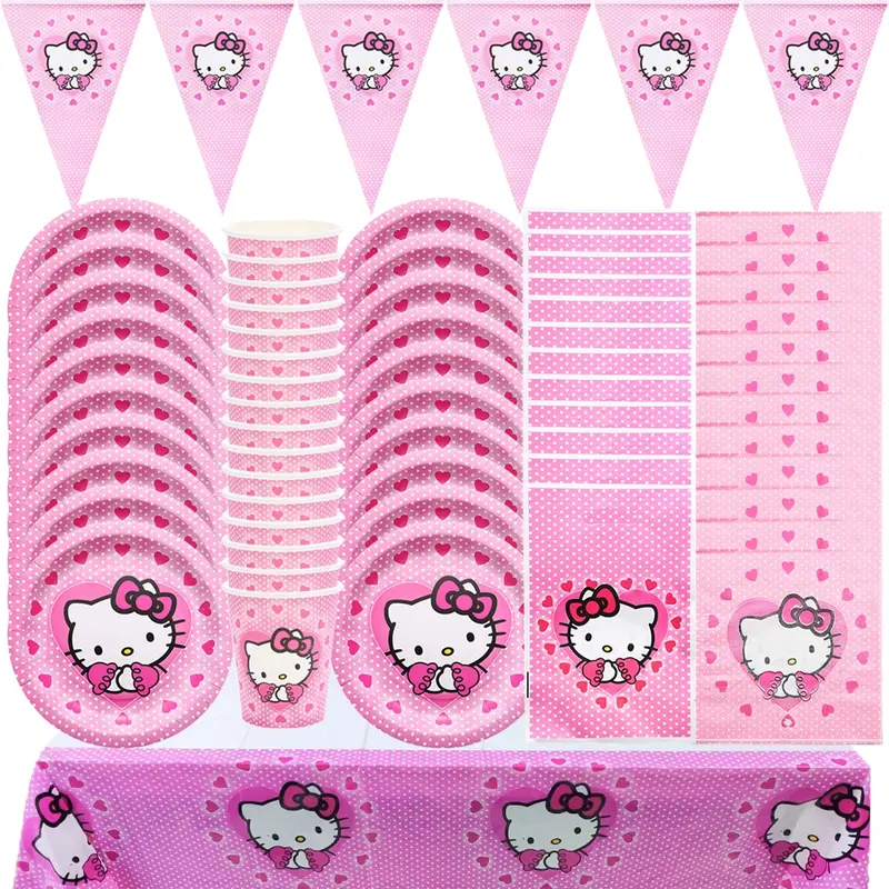 Tema de Hello Kitty Baby Shower para niñas, suministros de fiesta, taza de papel, plato, mantel, pancarta de fiesta de cumpleaños para niños, globos de decoración de boda