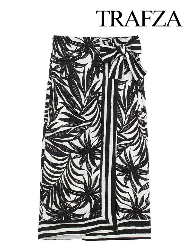 TRAFZA 2024 Summer New Women's Chic Printed Boho Style Skirt Retro Fashion Bow Decoration Beach Slit Skirt Women's Streetwear
