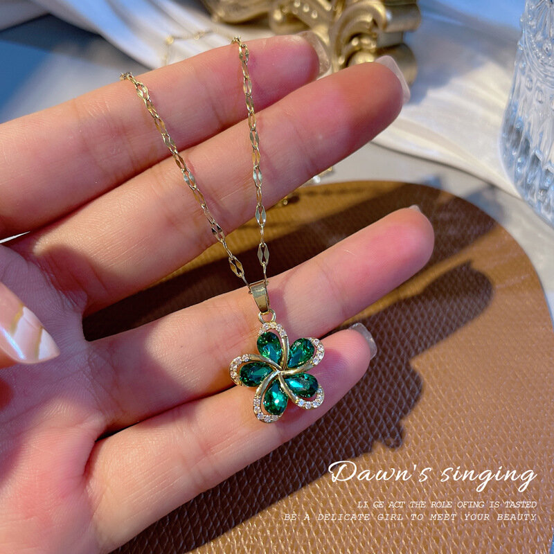 Vintage Flower Stainless Steel Pendant Necklace For Women Female New Diamond Inlay Necklace Gift Jewelry Wholesale Free Shipping