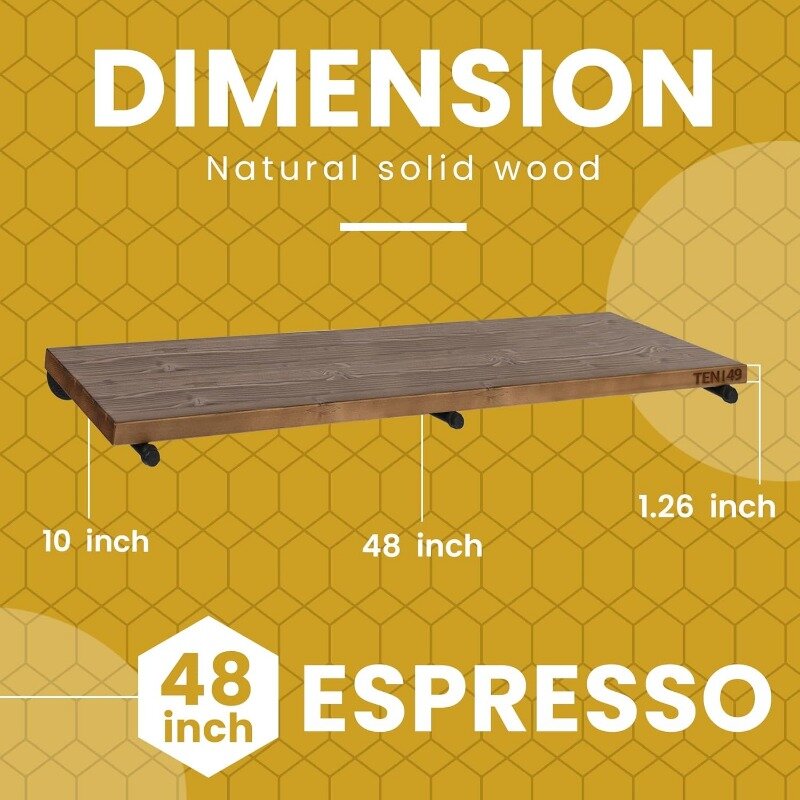 Rak dinding pipa industri, rak Espresso kayu asli dekorasi Interior Modern rak apung dengan braket pipa besi Set 2