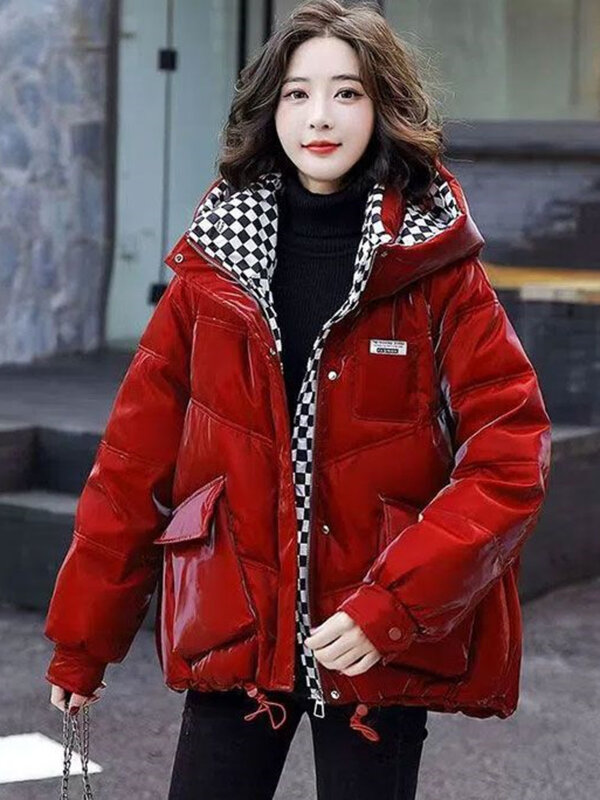 Abrigo de algodón brillante para mujer, abrigo de algodón a cuadros coreano, holgado, cálido y ligero, tendencia de invierno, 2024