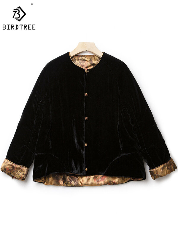 Birdtree 100% jedwab morwowy płaszcz w stylu chińskim XiangYunSha okrągły dekolt luźna, z długimi rękawami Retro elegancka kurtka zimowa C3D805QD