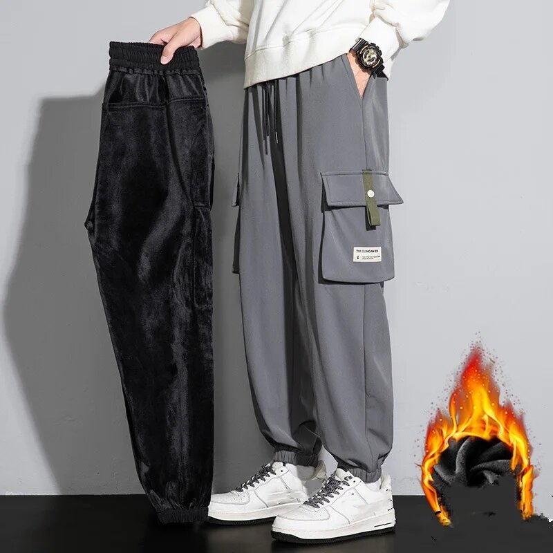 Зима 2023, мужские винтажные мешковатые брюки Y2k, плотные теплые брюки, мужские флисовые брюки-карго длиной до щиколотки, штаны-шаровары, брюки оверсайз