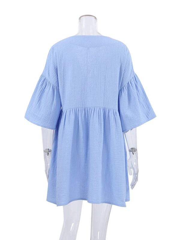 Vestido feminino solto peplum de algodão, meia manga, pijama com gola V, vestidos casuais femininos, pijama monocromático, primavera, 2023
