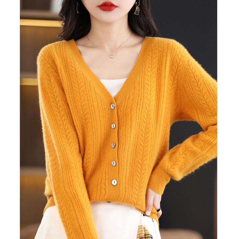 Cardigan tricoté en laine mérinos pour femme, col en v, couleur Pure, style occidental coréen, haut polyvalent, nouvelle collection printemps automne 2023