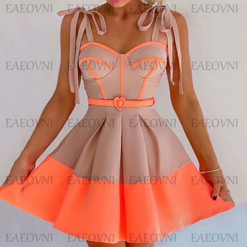 A-line Patchwork Belt Sleeveless Sexy Backless Homecoming Dresses Spaghetti Strap Mini  Simple Women Party  Vestidos