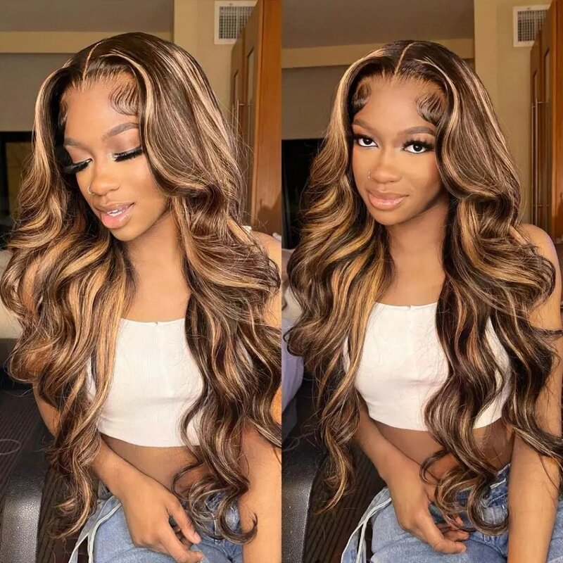 Lumiere Highlight 13x4 Lace Front Human Hair Wig Body Wave P4/27 Ombre Brown Hd Transparent Remy Lace Frontal Wig For Women