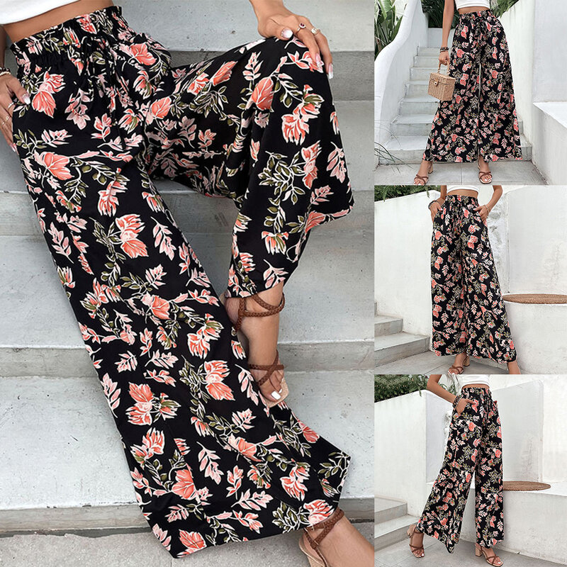 Pantalones de pierna ancha para mujer, calzas Palazzo informales y holgadas con estampado Floral, ideales para un estilo moderno y relajado