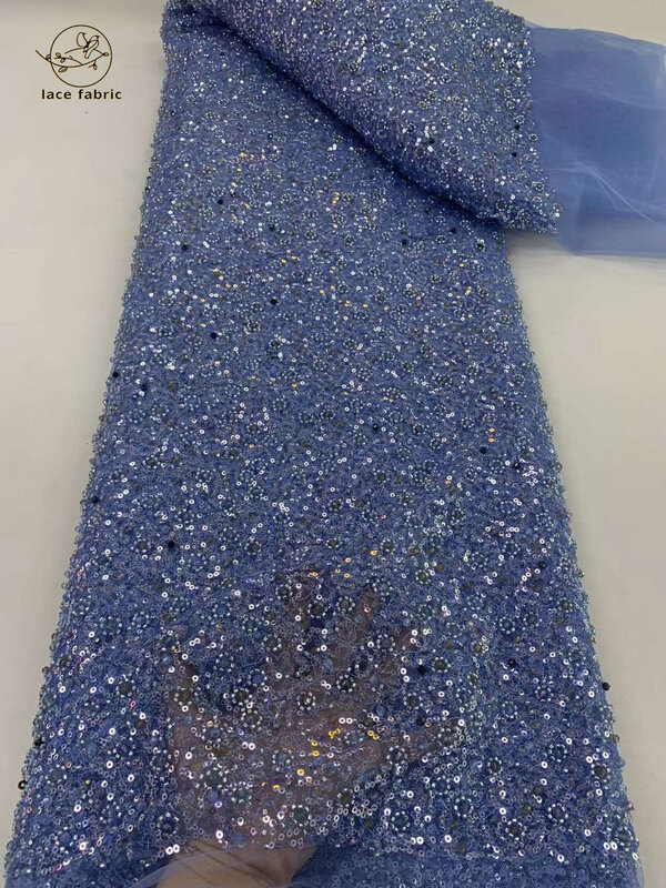 Kain renda payet Prancis Afrika manik-manik bordir kain Tulle Nigeria 2024 tali kualitas tinggi untuk gaun pesta 5 yard
