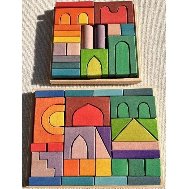 Big size Wooden  Blocks Lime Rainbow  Building Stacking Castel Step Shape Cubes Corner Stones for Kids Creative Play