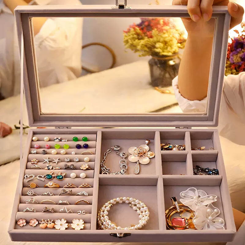 Caja de terciopelo portátil para anillos, organizador de exhibición de Joyas, soporte de bandeja, estuche de almacenamiento de joyas, escaparate de embalaje, color gris