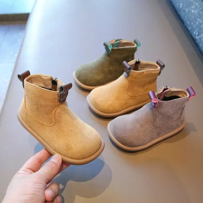 Осенне-зимние ботинки для маленьких мальчиков и девочек; Детская повседневная обувь из замши; Уличная нескользящая обувь для младенцев; Плюшевые Детские ботильоны