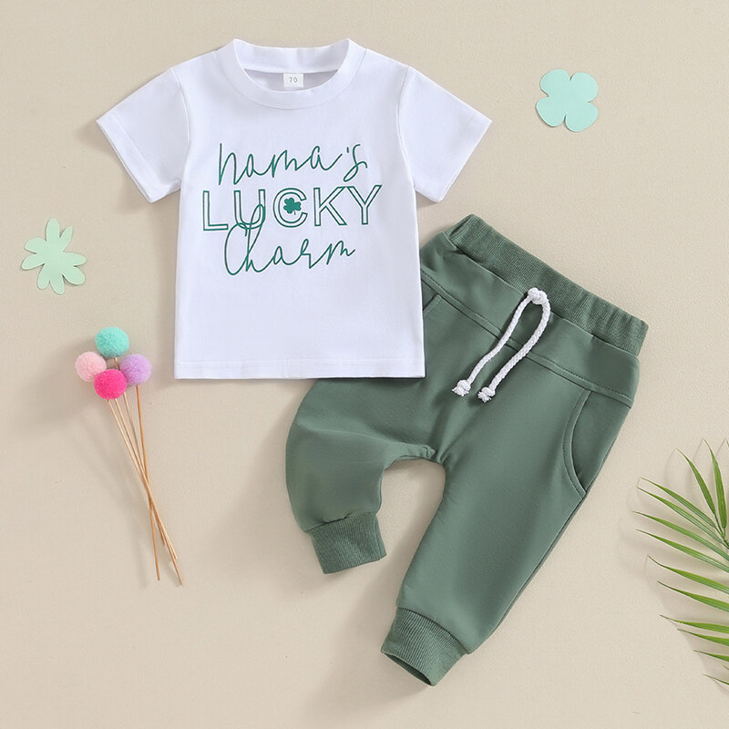 Baby Boys St. Patrick's Day 2-piece Outfit, Short Sleeve Crew Neck Letters Print T-shirt with Long Pants Summer Outfit 0-3Years