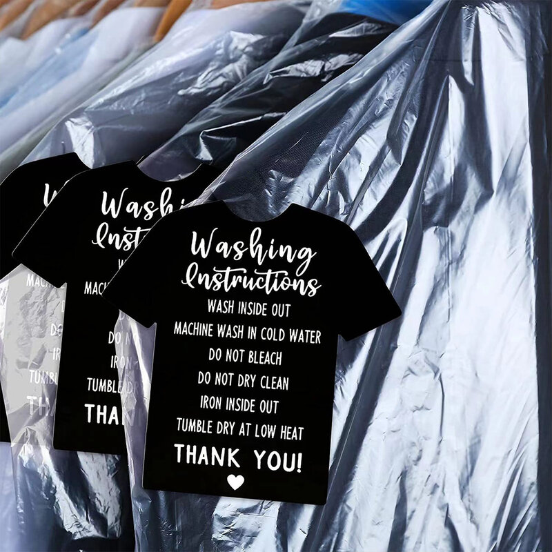 Tarjeta de instrucciones de lavado de camisetas, 50 piezas, tarjeta de instrucciones de cuidado de camisa, etiqueta colgante, color negro