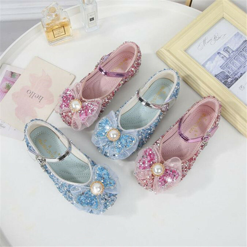 Princess Kids Dance Shoes Leather Shoes for Girls Flower Casual Glitter Children Low Heel Girls Shoes Butterfly Knot Blue Pink