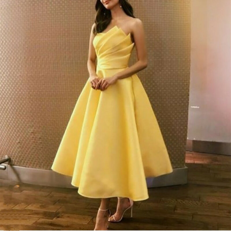 JEHETH Elegant Yellow Short  Strapless Prom Dresses 2023 A-Line Tea Length Pleated Satin Party Evening Gowns With Pockets