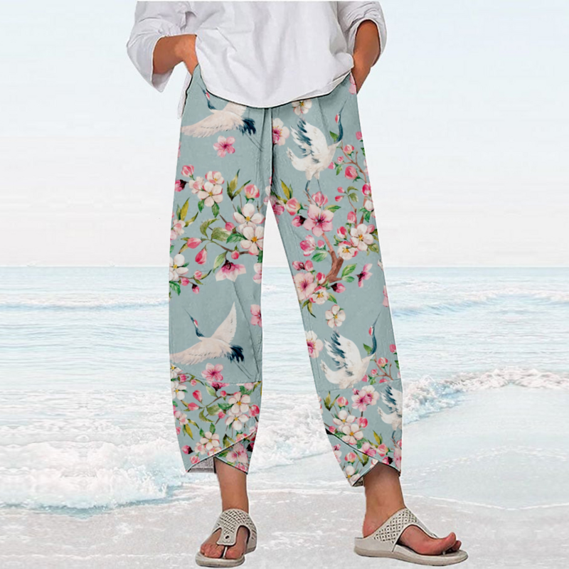 Calças florais para mulheres, calças de praia, moda streetwear, moletom, corredores capri soltos, roupas Y2K, verão