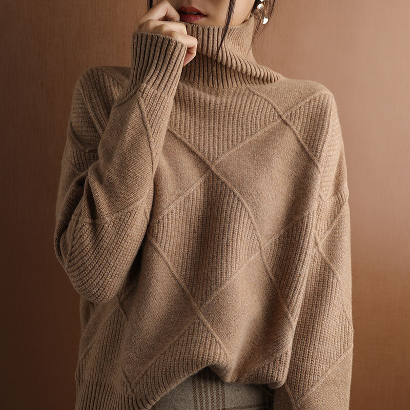 Suéter de gola alta de caxemira feminino, pulôver de malha cor pura, tamanho grande solto, lã 100% pura