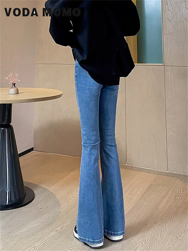 Calça de sino clássica feminina, calça jeans casual, fina, cintura alta, jeans flare, vintage, versátil, lazer, moda coreana, novo, 2024