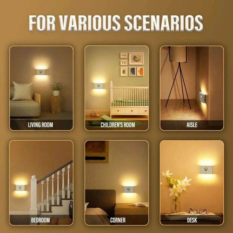 LED Intelligent Sensor Night Light, Sem fio, Carregamento USB, Sensor de movimento, Luz de parede para o corredor do quarto