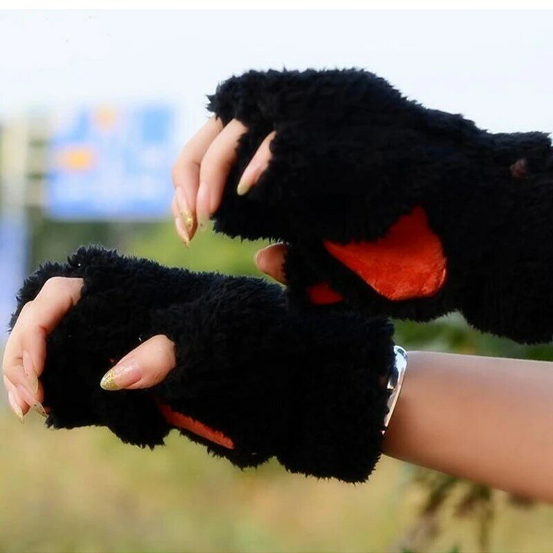 Cat Paw Gloves Winter Cute Cartoon Cat Girl Open Finger Gloves Thickened Fluffy Bear Paw Half Finger Gloves